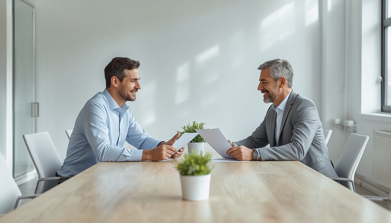 Dos empresarios trabajando juntos en el mismo lado de la mesa